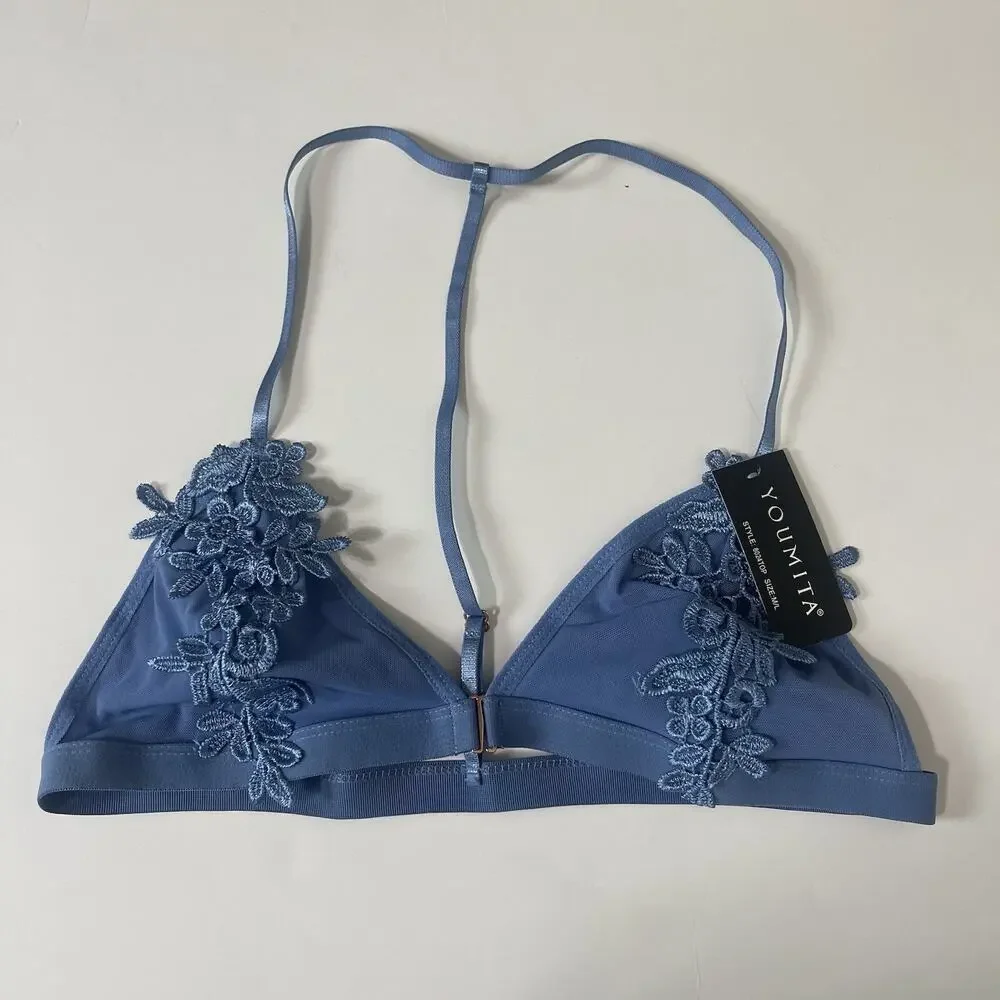 Women Lace Bralette Sexy Bra‎ Floral Lingerie Night Embroidered Flower Blue M/L